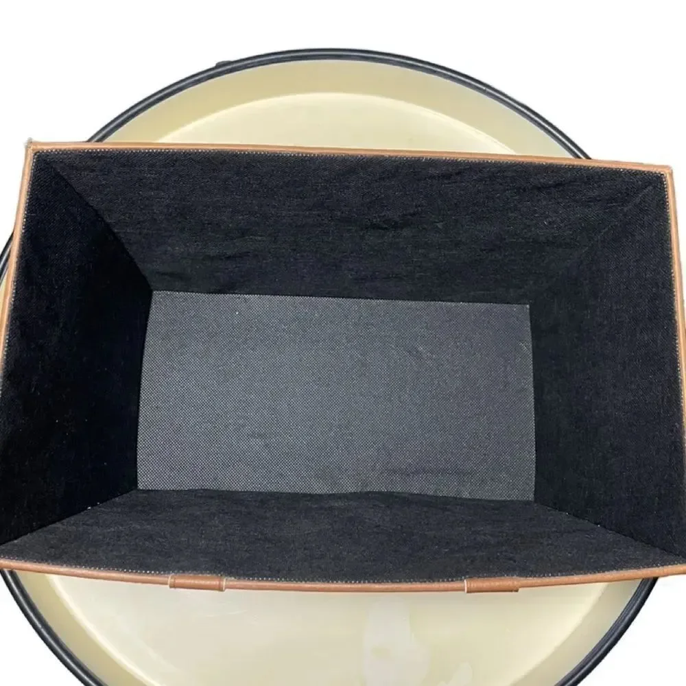 Elegant Black Fabric Storage Bin w/Brown Faux Leather Accents & Monogram Print